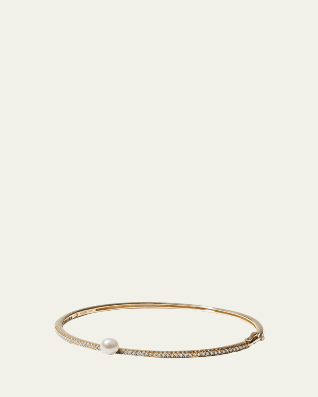 14K Yellow Gold Pave Diamond Hinged Bracelet with Freshwater Pearl